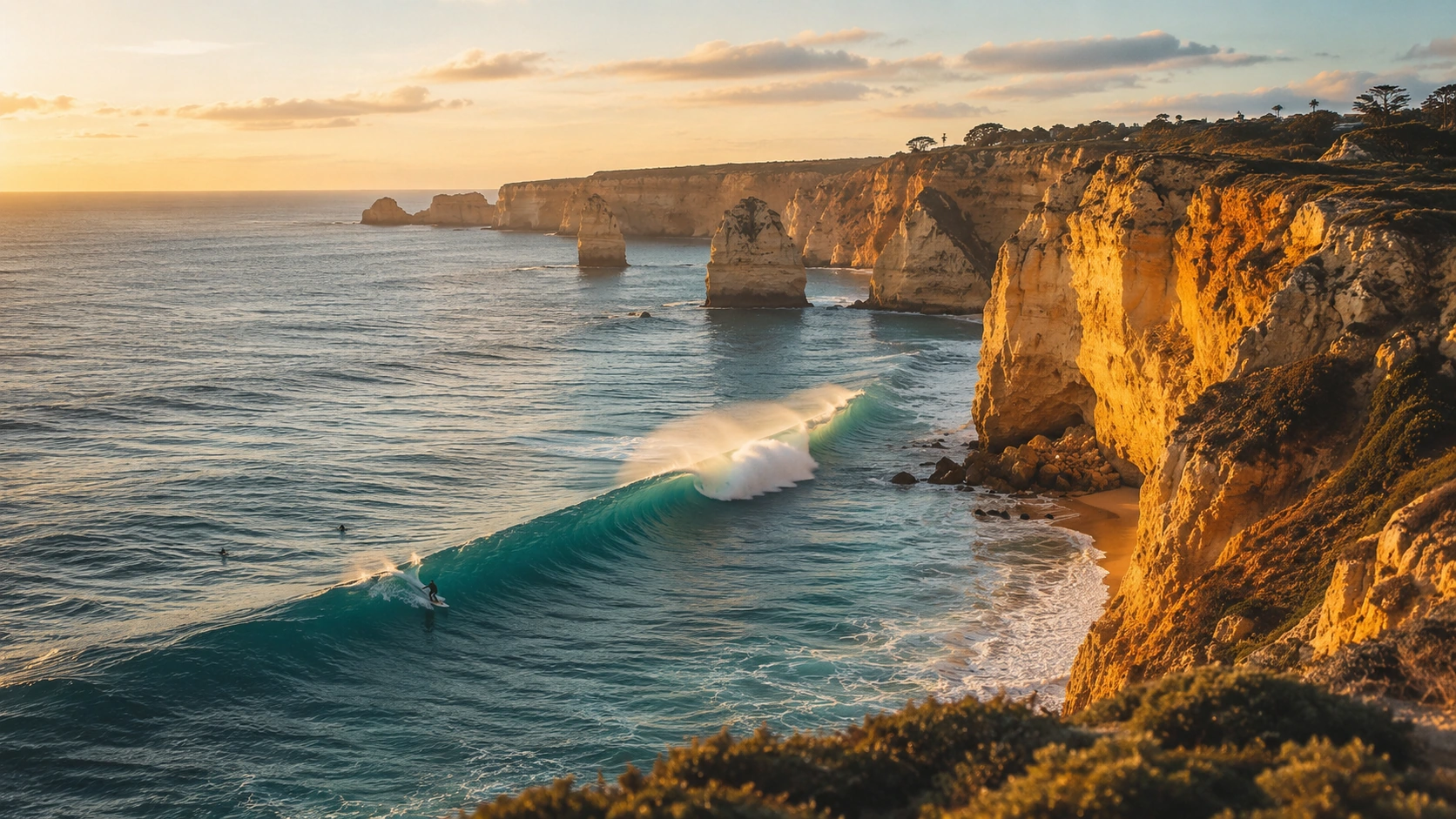 Surfer unter goldenen Klippen der Algarve