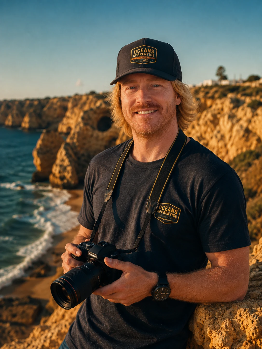 Marc Fennell with camera on the Algarve coast